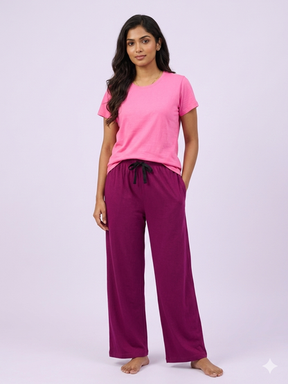 Hot Pink Solid Women's T-Shirt with Palazzo