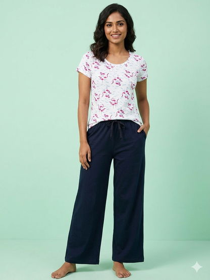 White Flamingo Print Women's T-Shirt with Palazzo