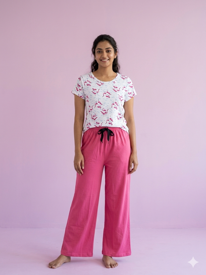 White Flamingo Print T-shirt with Palazzo