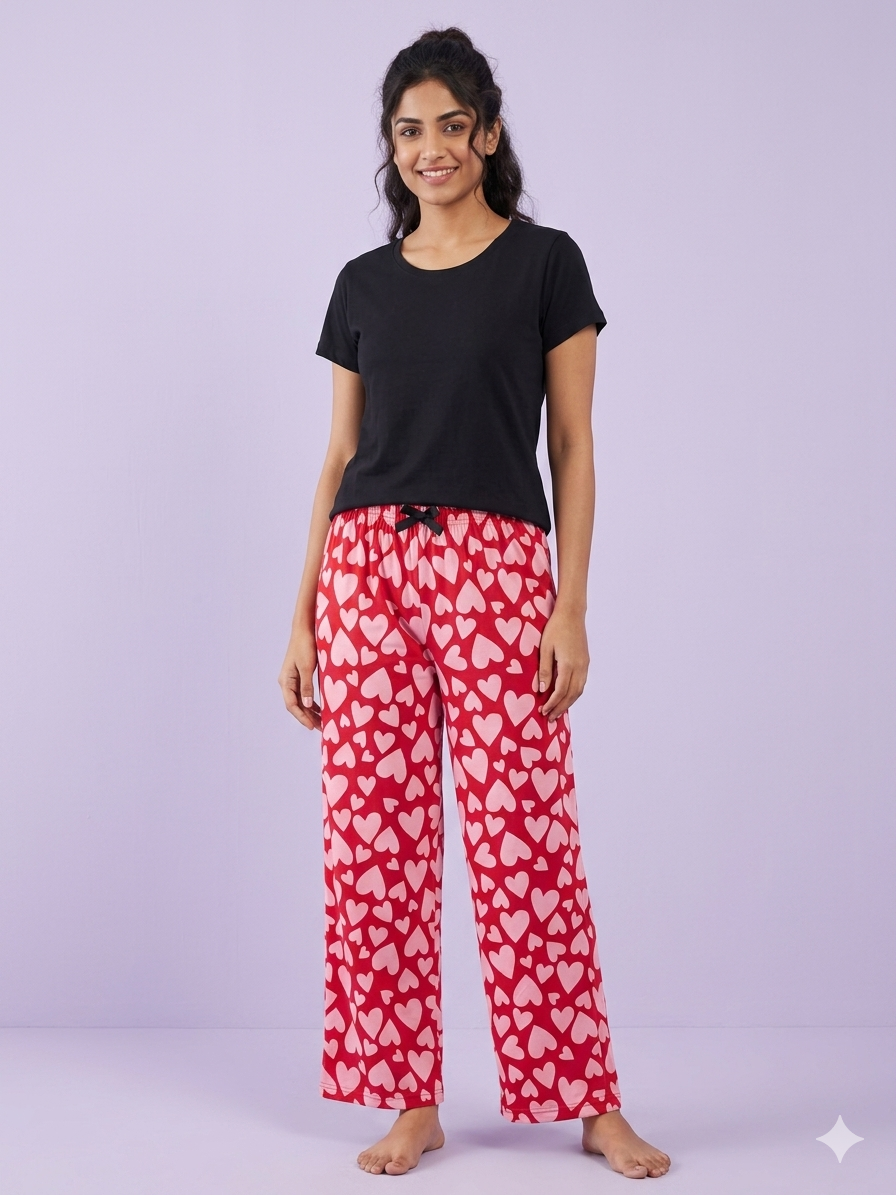 Black Heart Print T-shirt with Spun Fabric Palazzo