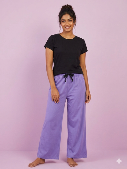 Women's Solid Black T-Shirt and Lavender Palazzo Pant Set