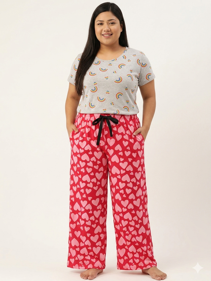 Women's Light Grey Rainbow Print Spun Fabric T-Shirt and Pink Heart Print Spun Fabric Palazzo Pant Set