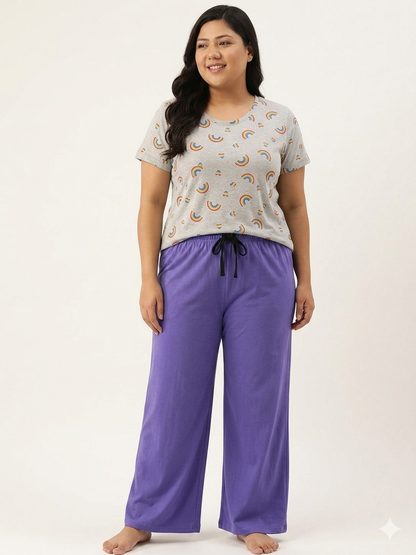 Women's Light Grey Rainbow Print Spun Fabric T-Shirt and Lavender Purple Palazzo Pant Set