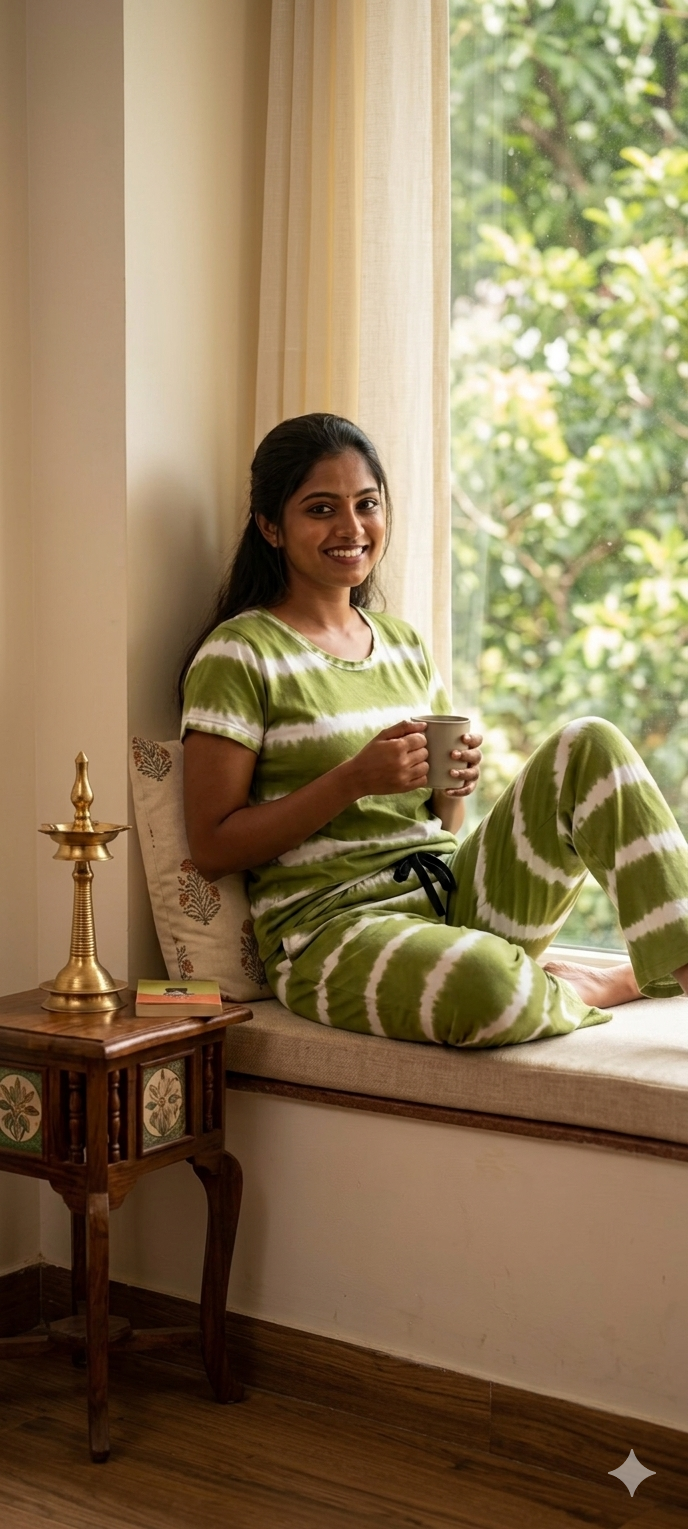 Olive Green and White Tie-Dye Printed T-shirt with Combo Pant Set