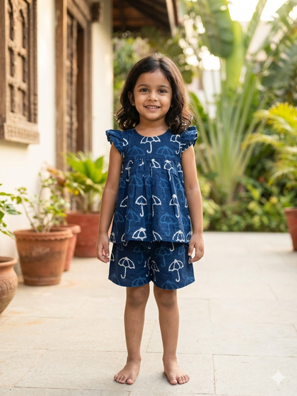Navy Blue Umbrella Printed Kids Top and Shorts Set