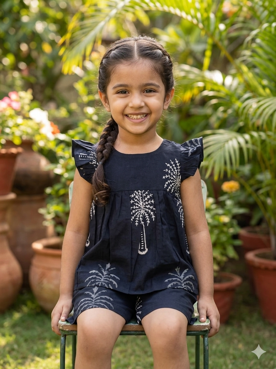 Black Palm Tree Printed Kids Top and Shorts Set