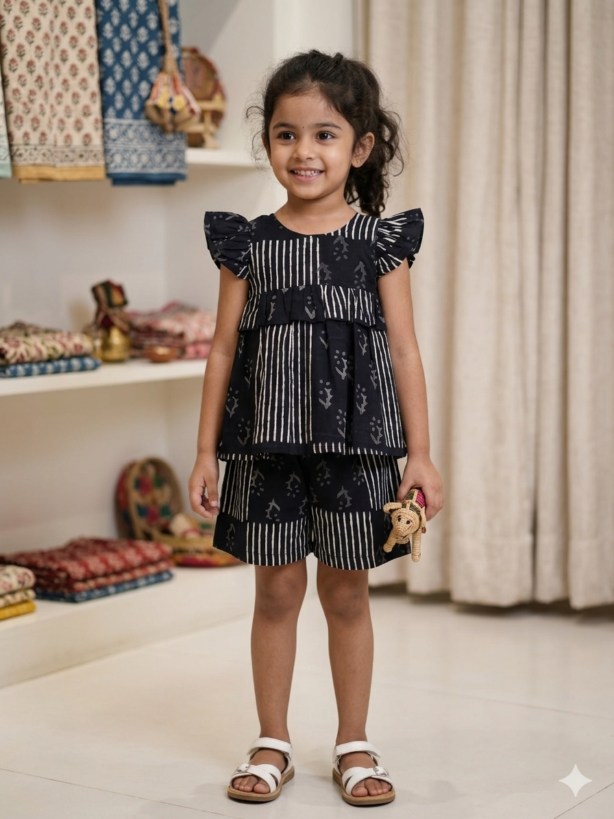 Black Striped Printed Kids Top and Shorts Set
