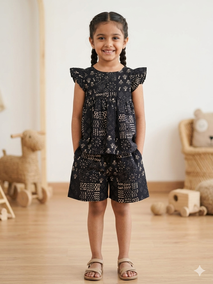 Black Ethnic Printed Kids Top and Shorts Set