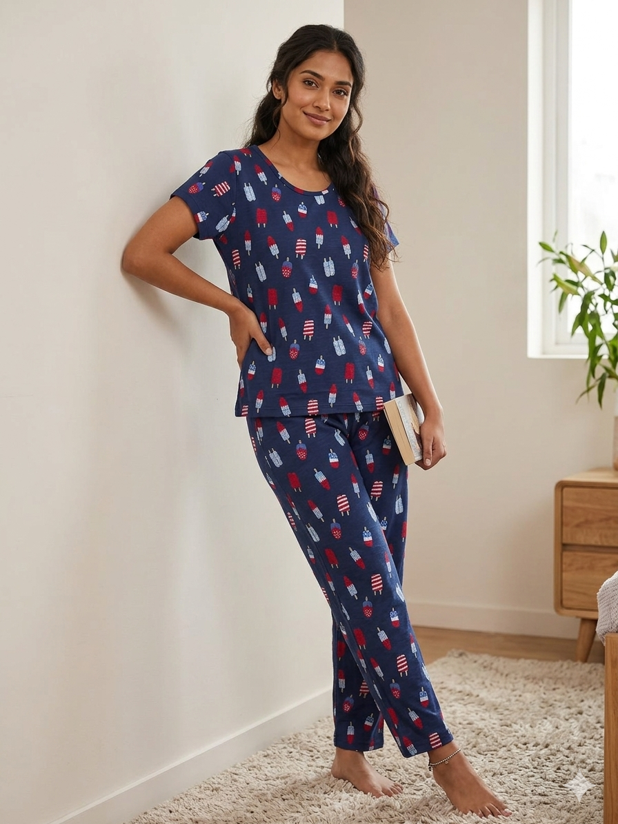 Women's Navy Blue Popsicle Print Lounge T-Shirt & Pant Set