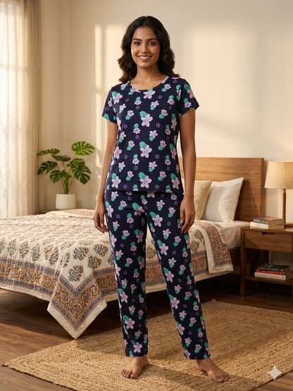 Women's Midnight Purple Floral Lounge T-Shirt & Pant Set