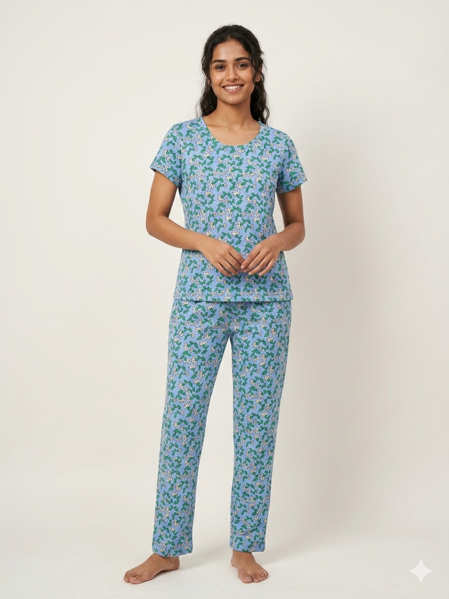 Women's Sky Blue Wildflower Print Lounge T-Shirt & Pant Set