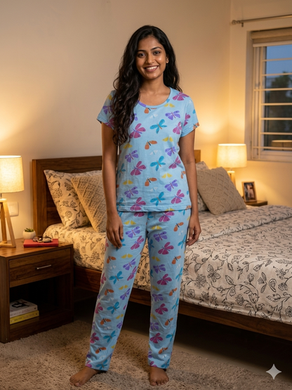 Women's Baby Blue Dragonfly Print Lounge T-Shirt & Pant Set