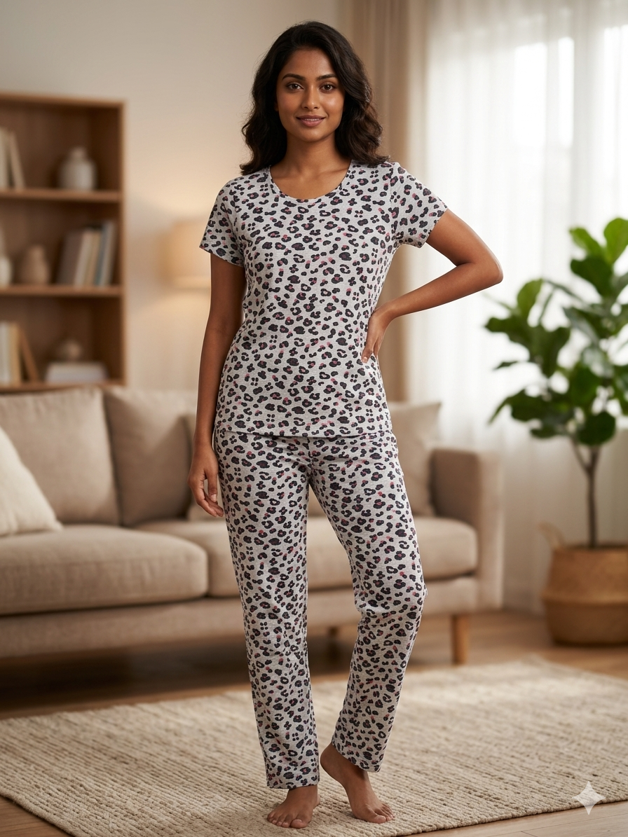 Women's Heather Grey Leopard Print Lounge T-Shirt & Pant Set