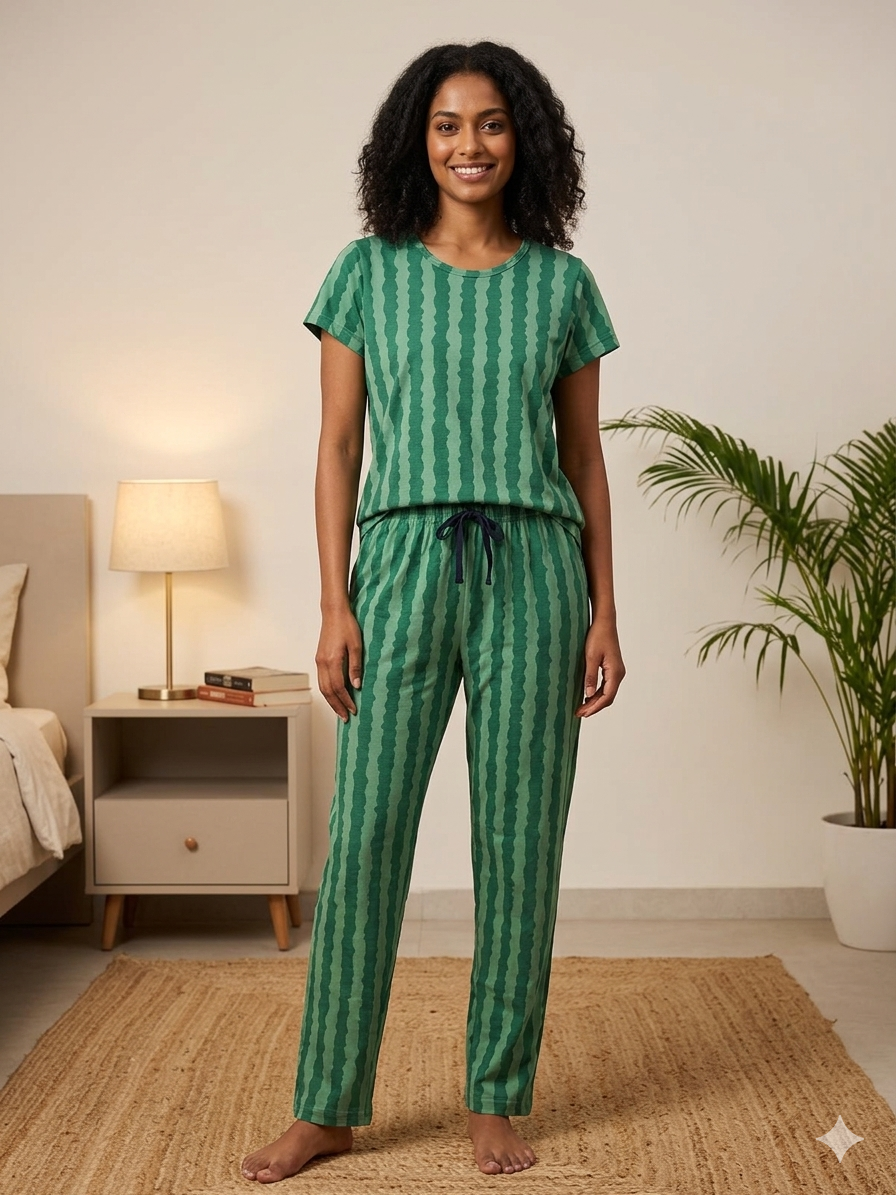 Women's Emerald Green Wavy Stripe Lounge T-Shirt & Pant Set