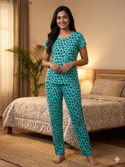 Women's Aqua Blue Daisy Print Lounge T-Shirt & Pant Set