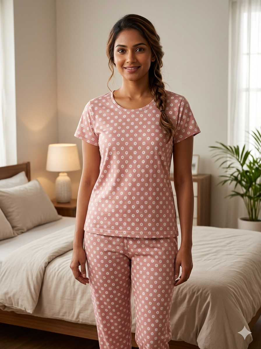 Women's Blush Pink Daisy Print Lounge T-Shirt & Pant Set