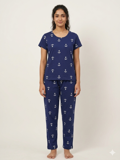 Women's Navy Blue Anchor Print Lounge T-Shirt & Pant Set