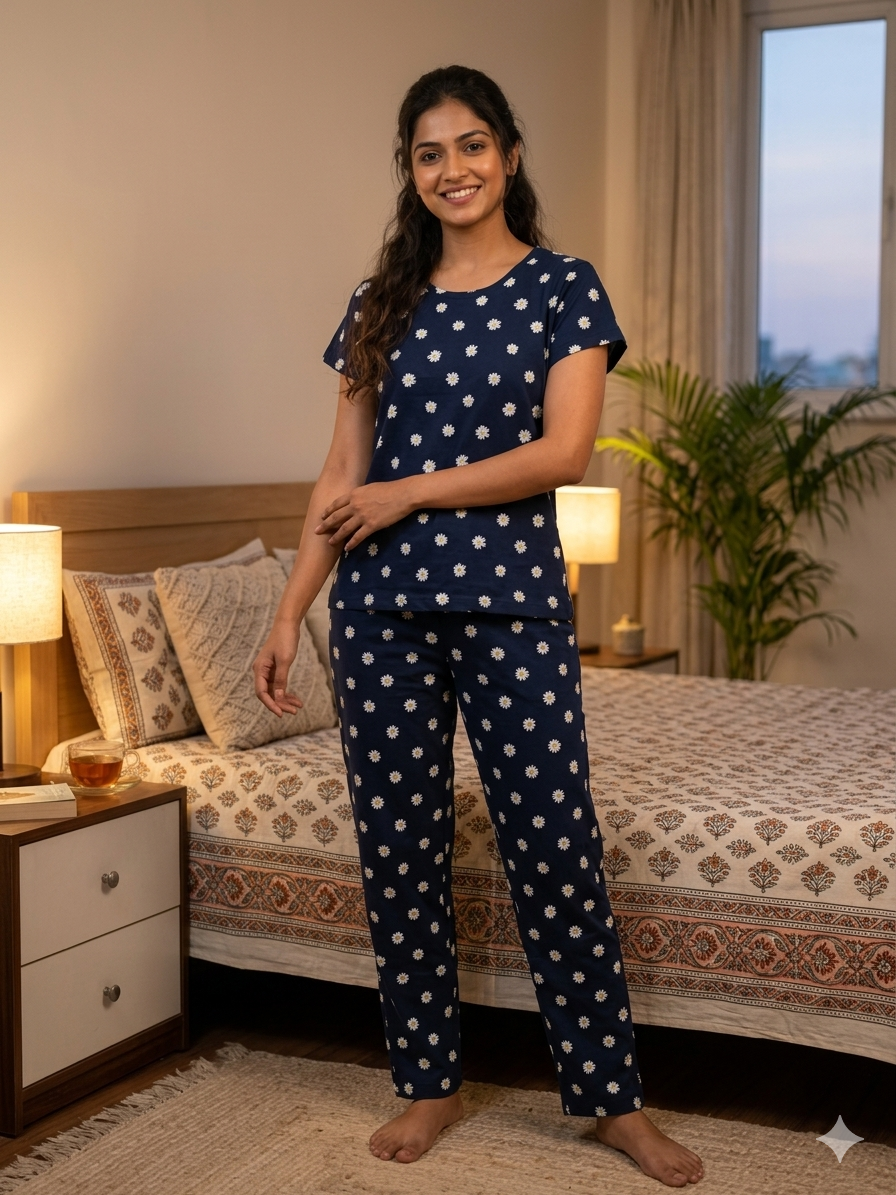 Women's Navy Blue Daisy Print Lounge T-Shirt & Pant Set