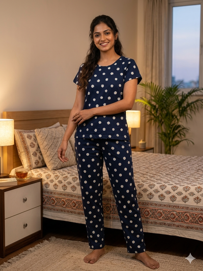 Women's Navy Blue Daisy Print Lounge T-Shirt & Pant Set
