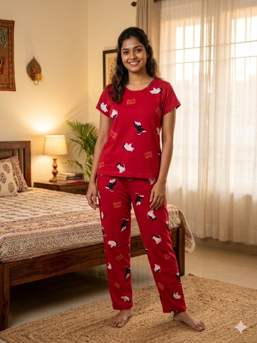 Women's Ruby Red Paris Cat Lounge T-Shirt & Pant Set