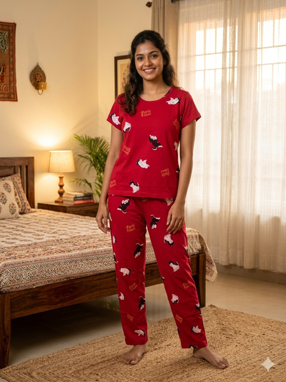 Women's Ruby Red Paris Cat Lounge T-Shirt & Pant Set