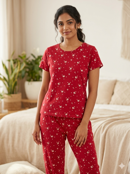 Women's Cherry Red Tiny Blossom Lounge T-Shirt & Pant Set
