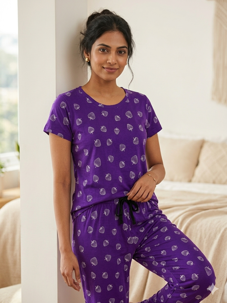 Women's Royal Purple Strawberry Print Lounge T-Shirt & Pant Set