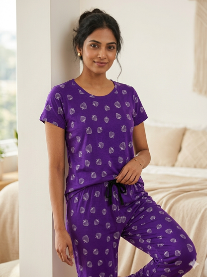 Women's Royal Purple Strawberry Print Lounge T-Shirt & Pant Set