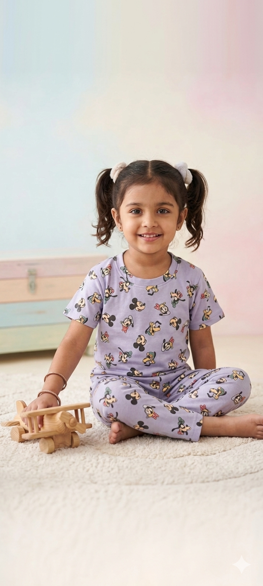 Lavender Novelty Printed Interlock T-Shirt and Pant Co-ords