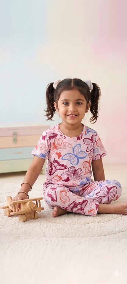 Baby Pink Butterfly Printed Interlock T-Shirt and Pant Co-ords