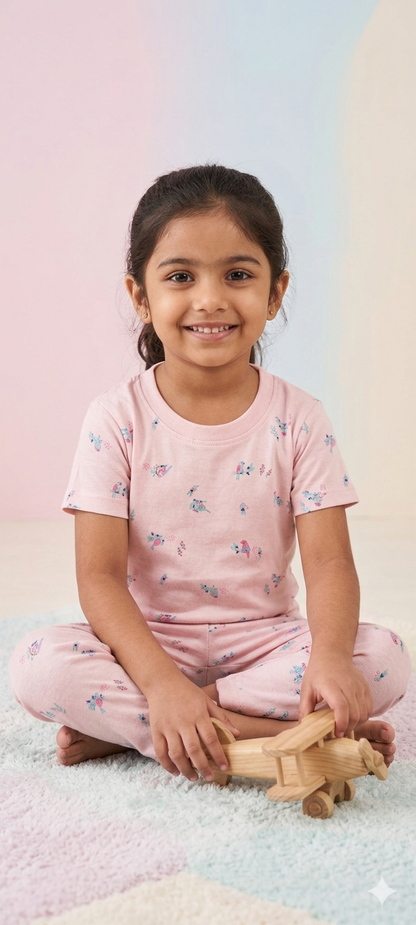 Baby Pink Unique Motifs Printed Interlock T-Shirt and Pant Co-ords