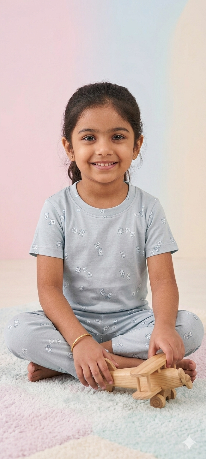 Sky Blue Teddy's Printed Interlock T-Shirt and Pant Co-ords