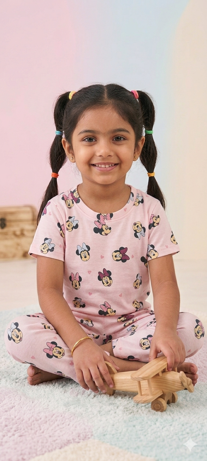 Baby Pink Micky's Printed Interlock T-Shirt and Pant Co-ords