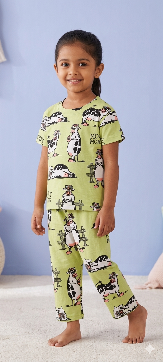 Light Green With Animals Printed T-Shirt and Pant Co-ords