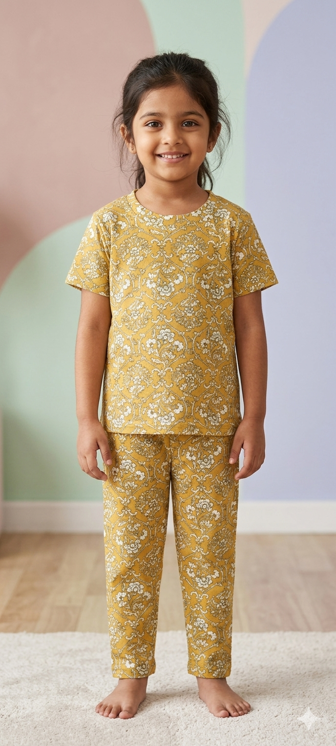Mustard Yellow White Floral Printed T-Shirt and Pant Co-ords