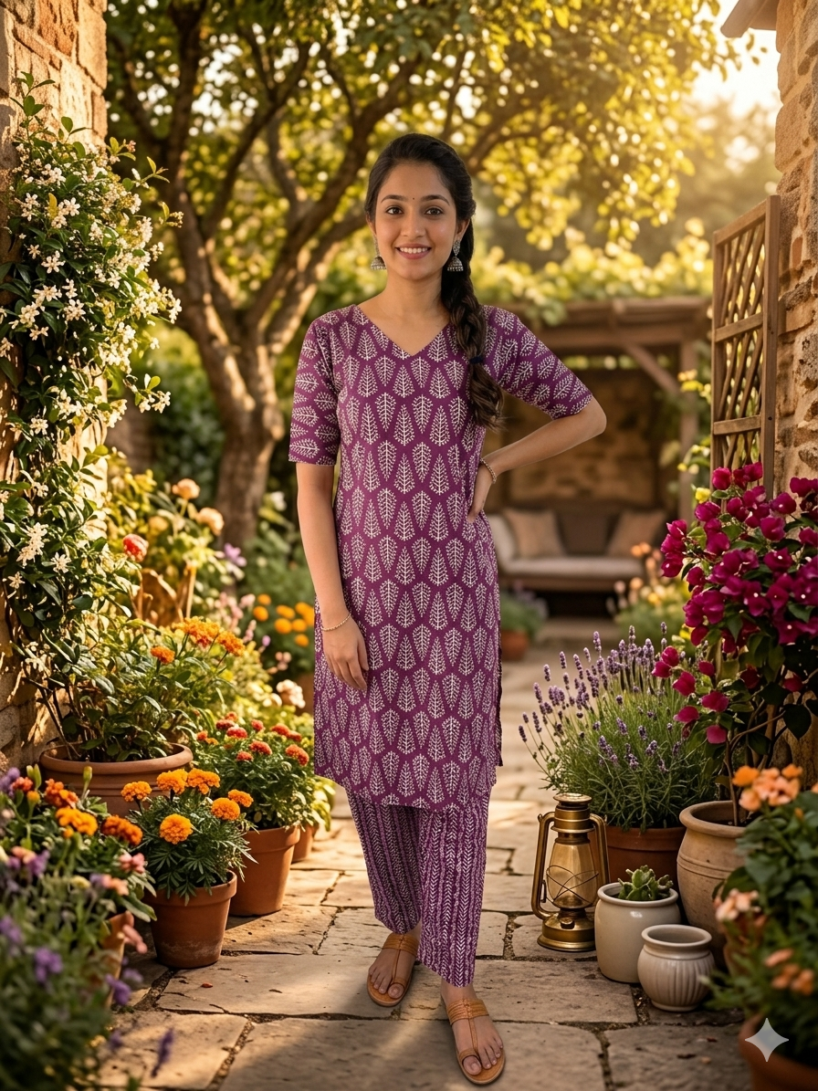 Women's Purple Leaf Printed Short Kurti
