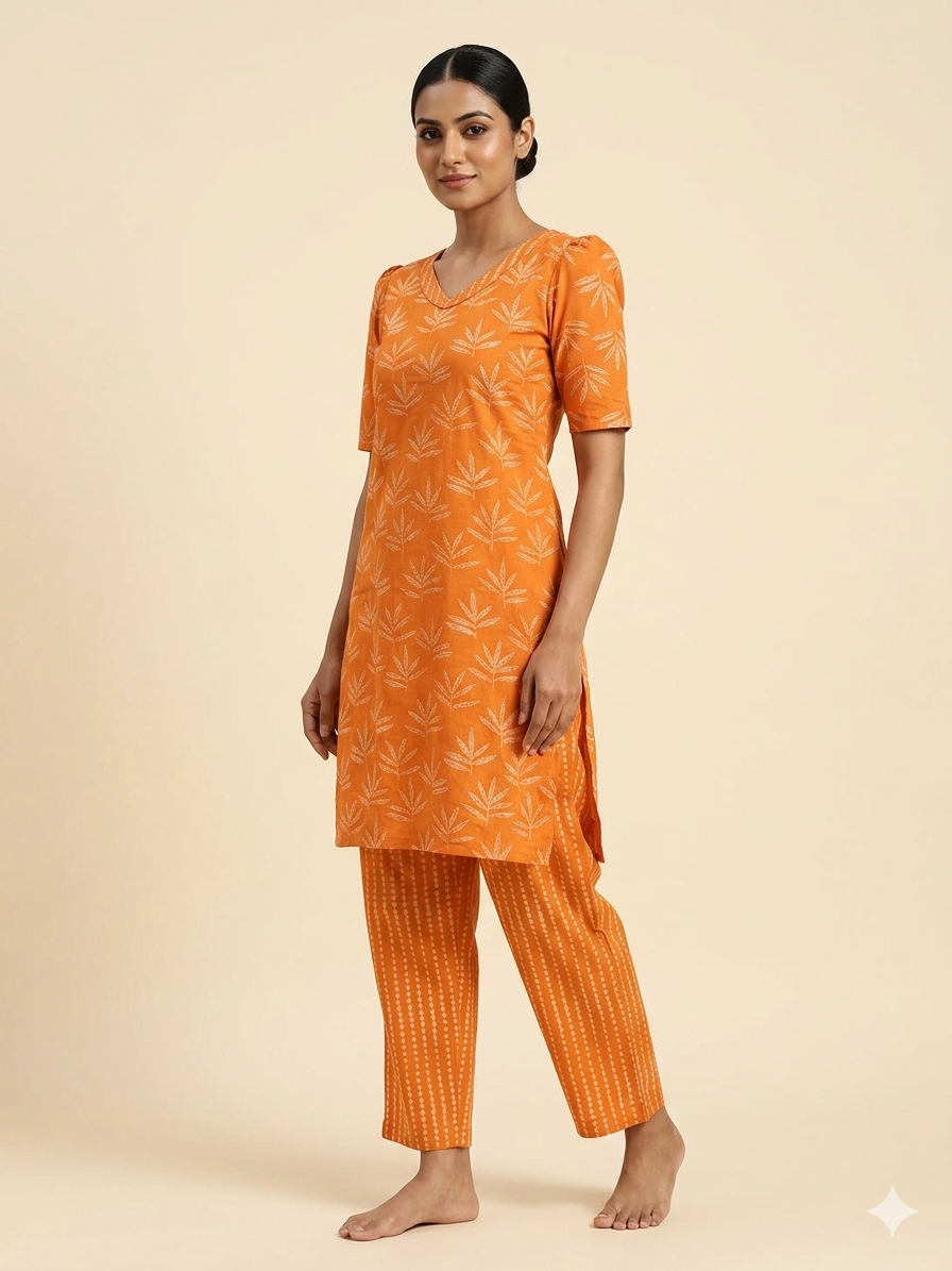 Women's Orange Leaf Printed Short Kurti