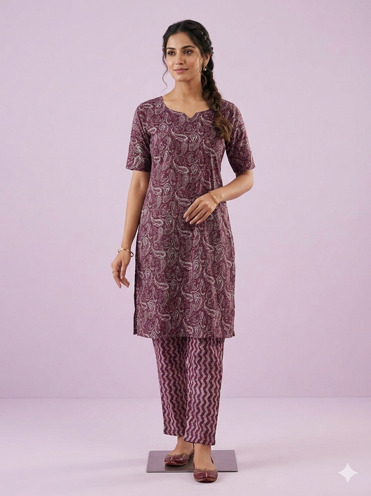 Women's Wine Paisley Printed Short Kurti