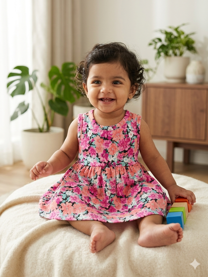 Pink Floral Print Kids Frock