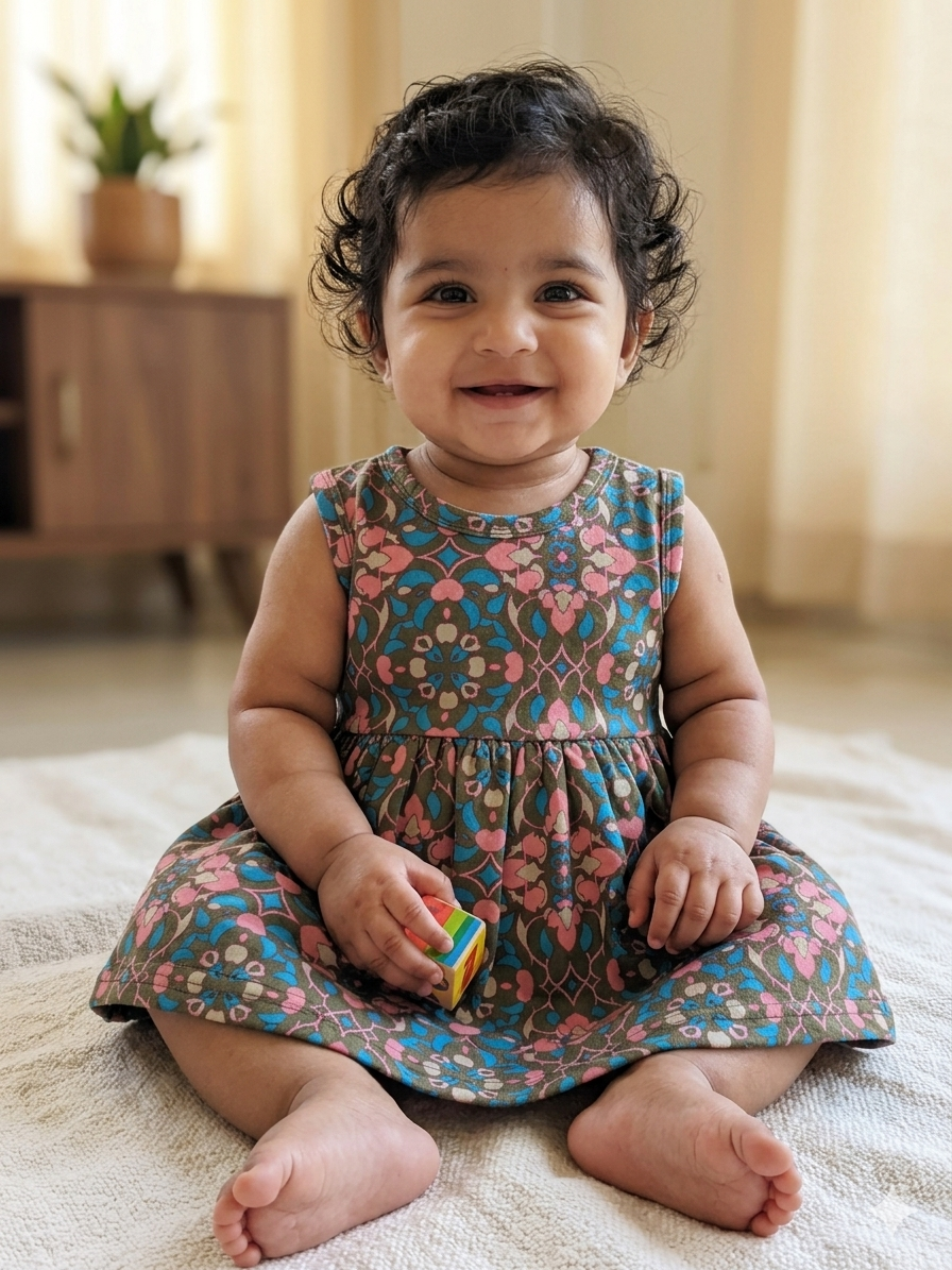 Olive Green Floral Medallion Print Kids Frock