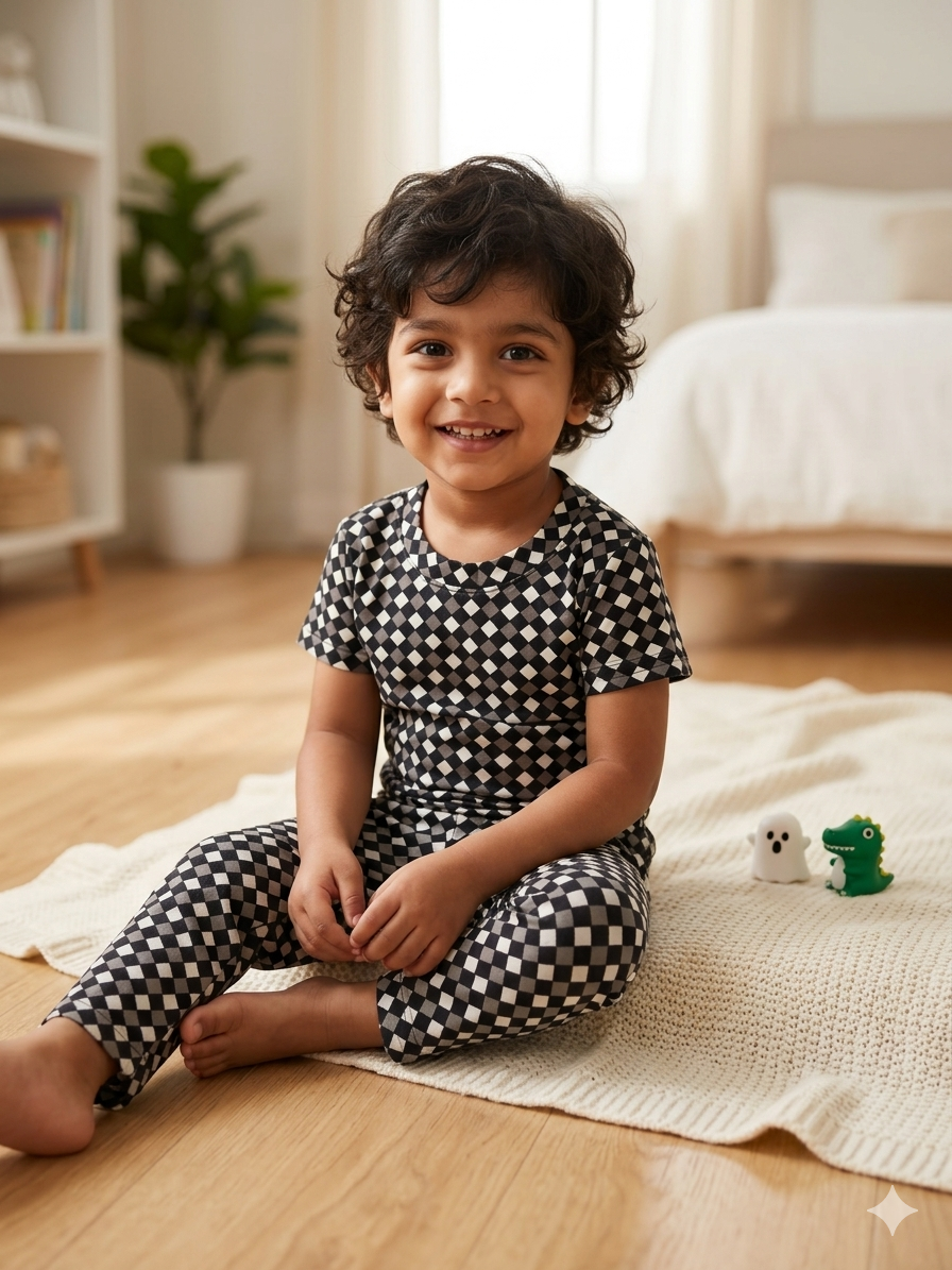 Kids Jet Black Checkerboard T-Shirt & Pants Co-ord Set
