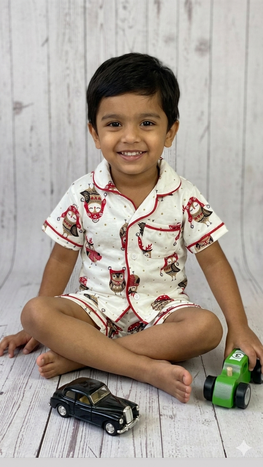 White Owl Printed Kids Night Suit Sets