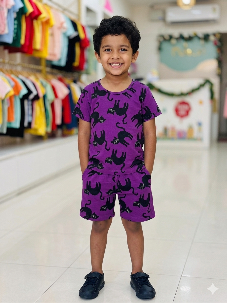 Kids Royal Purple Black Cat Print T-Shirt & Shorts Co-ord Set