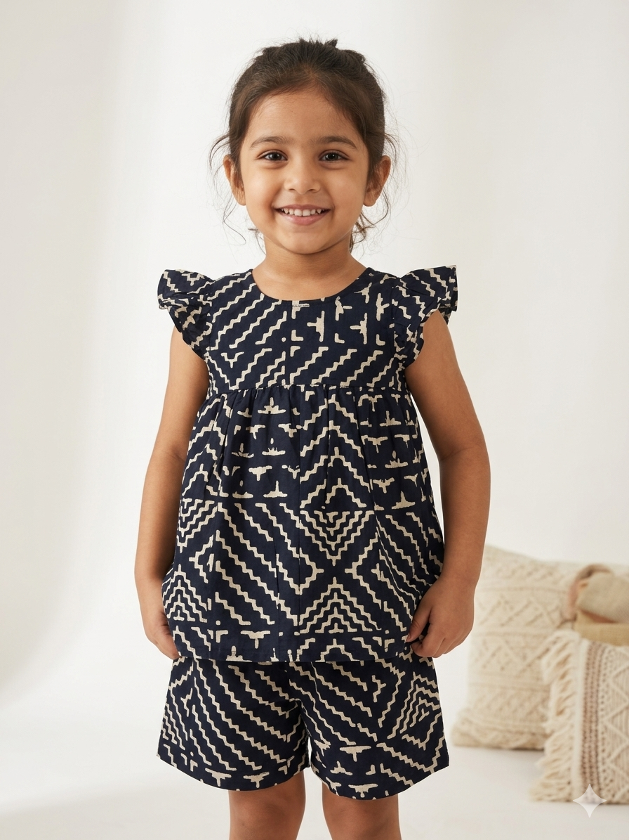 Kids Midnight Navy Tribal Geometric Top & Shorts Coord Set