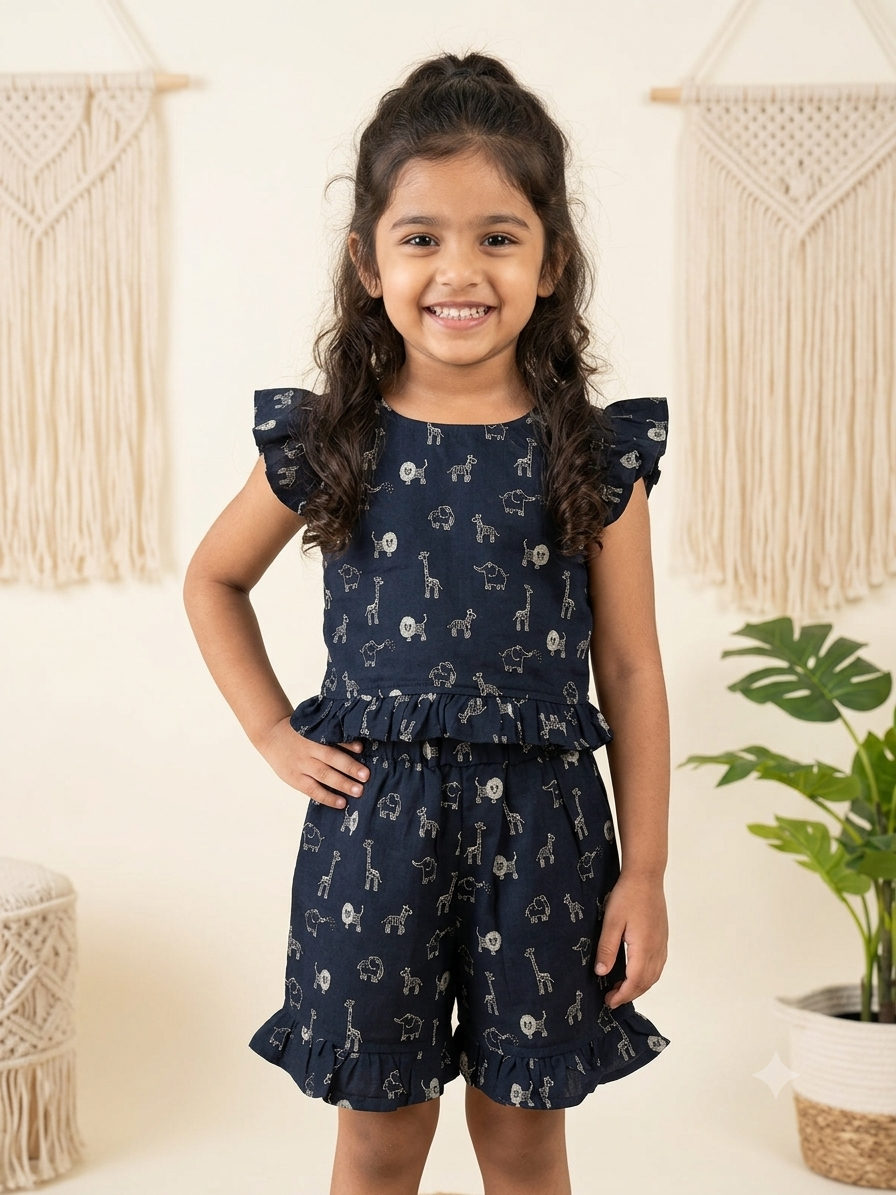 Kids Midnight Navy Safari Animal Top & Shorts Co-ord Set