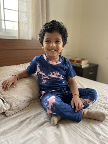 Navy Blue Pink Tie-Dye Printed T-Shirt and Pant Co-ords