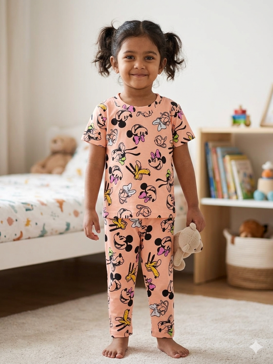 Peach Cartoon Character Printed T-Shirt and Pant Co-ords
