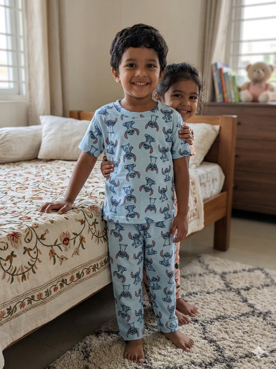 Sky Blue Stitch Printed T-Shirt and Pant Co-ords
