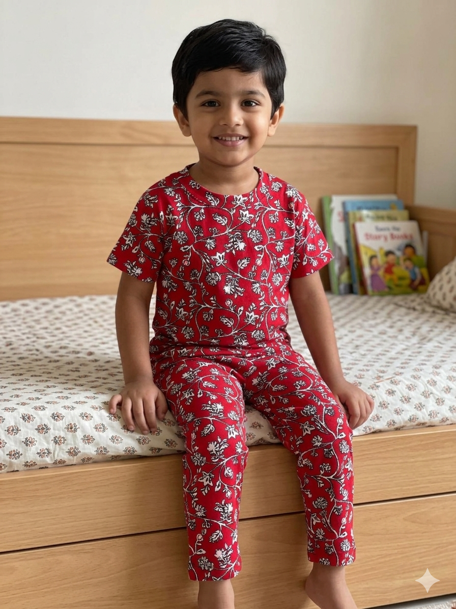 Red White Floral Printed T-Shirt and Pant Co-ords