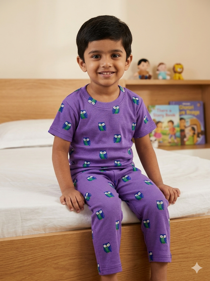 Purple Owl Printed T-Shirt and Pant Co-ords